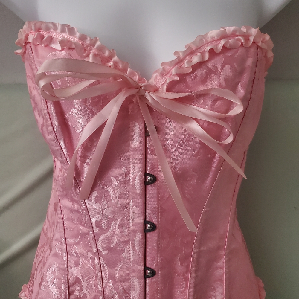 Pink Satin Brocade Corset with Ribbon Tie